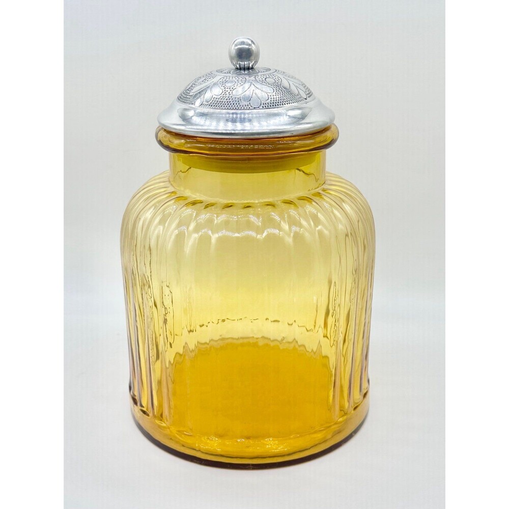Vintage Amber Artland Apothecary ribbed glass Canister Jar Silver Lid